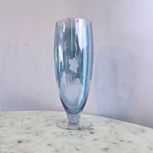Blue Etched Glass or Crystal Floral Pedestal Vase 10 In Frosted Leaf Transparent